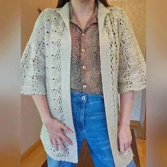 Sukyung Crocheted Cardigan in Off-White/ Tan - See Measurements - Picture 1 of 5